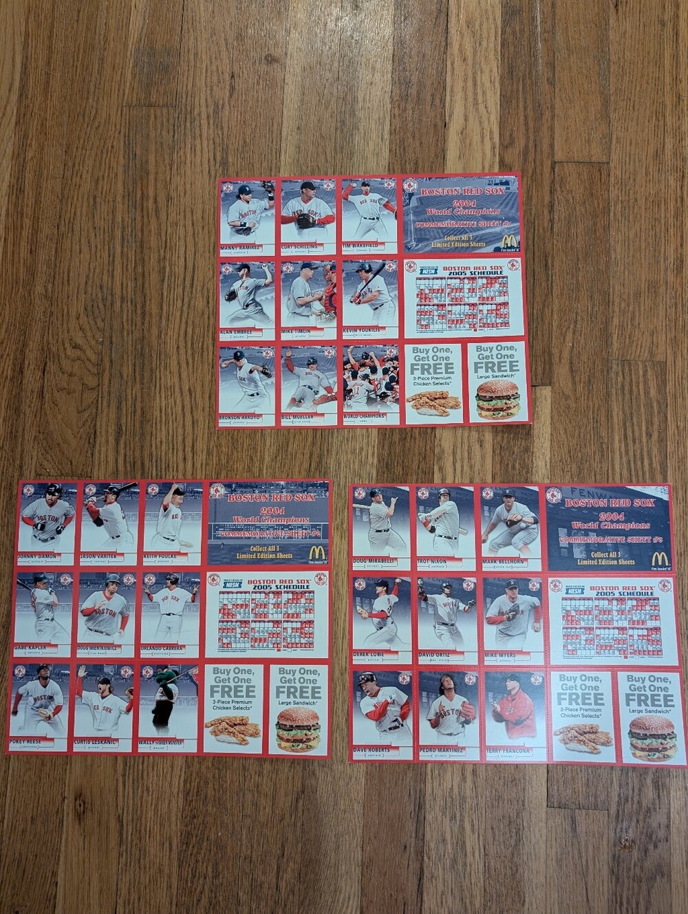 Vintage Set of 3 Boston Red Sox 2004 World Champion McDonald's Baseball Cards